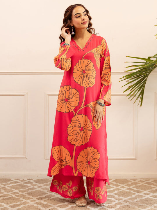 Pink Printed Viscose Rayon A-Line Kurta Palazzo Set