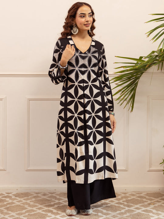 Black Printed Viscose Rayon A-Line Kurta Palazzo Set
