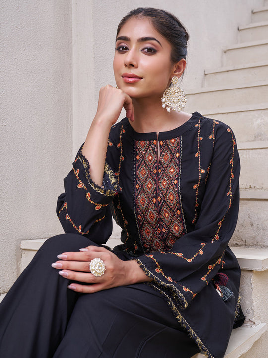 Black Embroidered Viscose Rayon Straight Kurta Palazzo Set