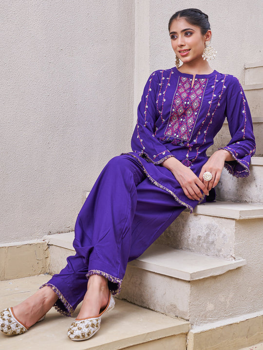 Purple Embroidered Viscose Rayon Straight Kurta Palazzo Set