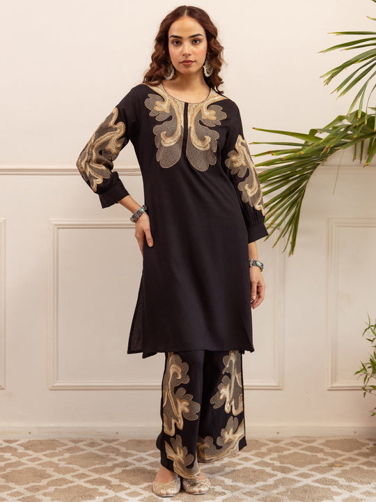 Black Embroidered Viscose Rayon Straight Kurta Palazzo Set