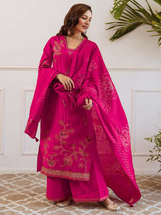Pink Embroidered Silk Blend Straight Kurta Palazzos With Dupatta