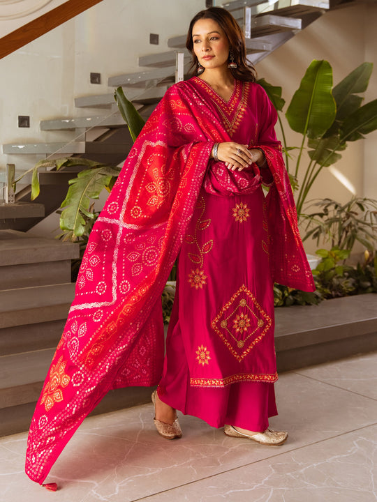 Pink Embroidered Silk Blend Straight Kurta Palazzos With Dupatta