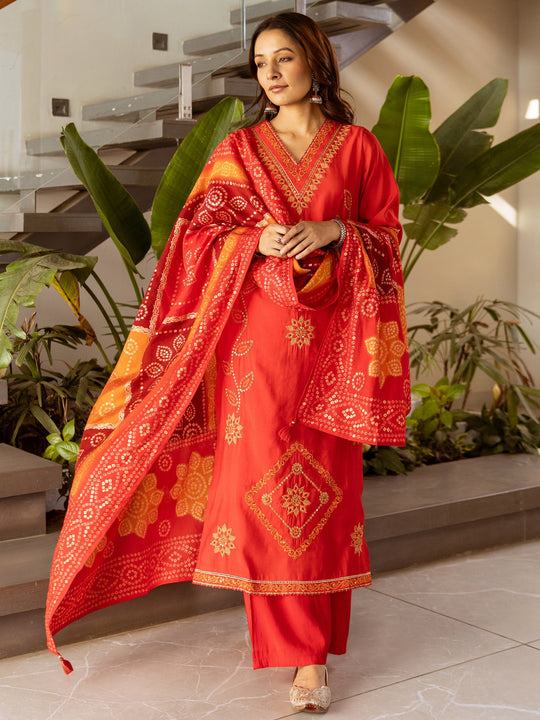 Red Embroidered Silk Blend Straight Kurta Palazzos With Dupatta