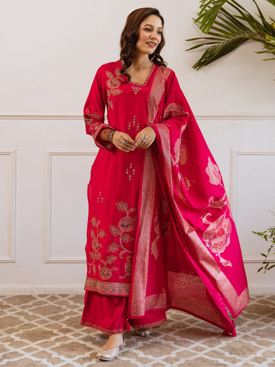 Red Embroidered Silk Blend Straight Kurta Palazzos With Dupatta