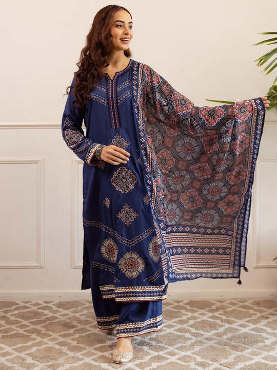 Blue Embroidered Viscose Rayon Straight Kurta Palazzos With Dupatta