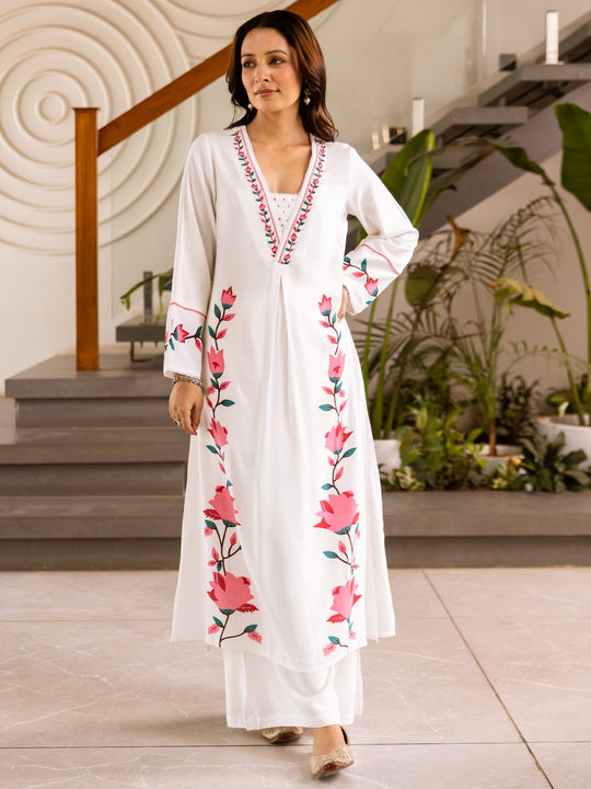 White Printed Viscose Rayon A-Line Kurta Palazzo Set