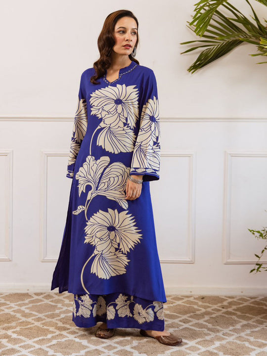 Blue Printed Viscose Rayon A-Line Kurta Palazzo Set