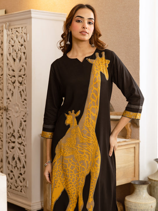 Indo Era Black Printed A-Line Kurta Palazzos Set