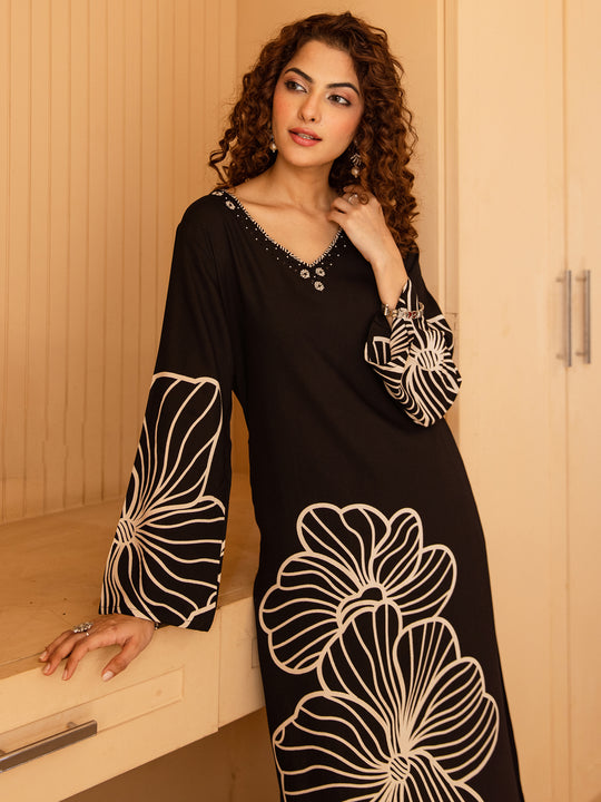Black Printed Viscose Rayon Straight Kurta Trousers Set