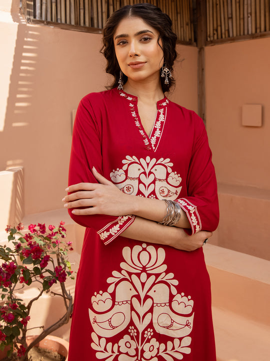 Maroon Printed Viscose Rayon Straight Kurta Palazzo Set