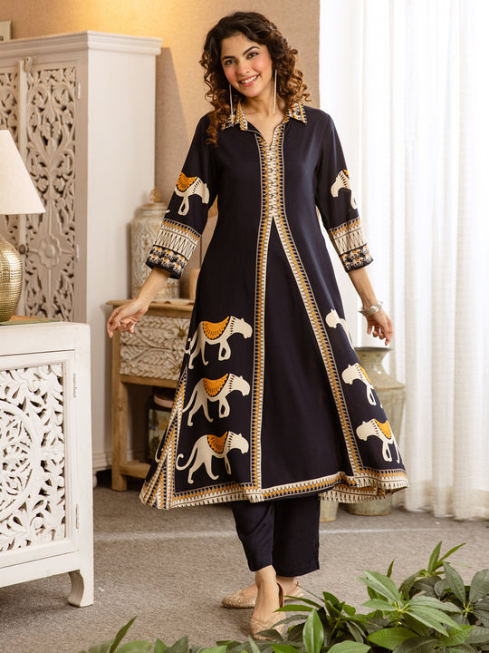 Indo Era Navy Blue Printed A-Line Kurta Palazzos Set