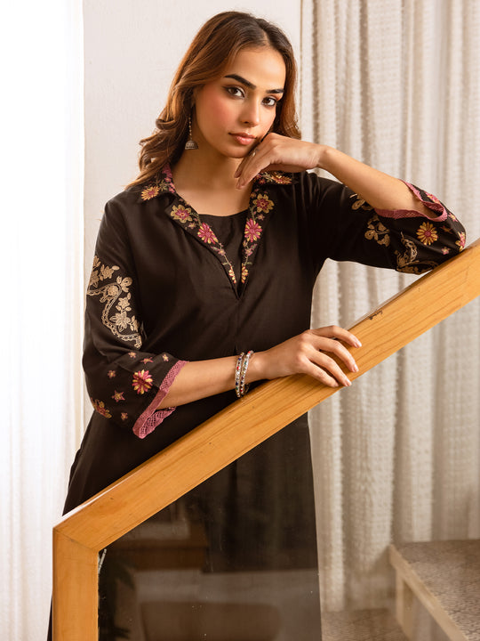 Black Embroidered Viscose Rayon A-Line Kurta Palazzo Set
