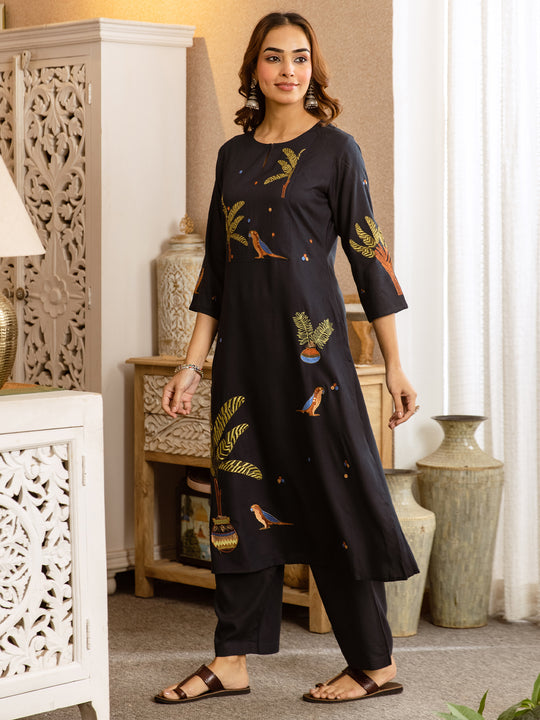 Indo Era Navy Blue Printed A-Line Kurta Palazzos Set
