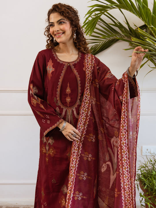 Indo Era Maroon Embroidered Straight Kurta Trousers With Dupatta set