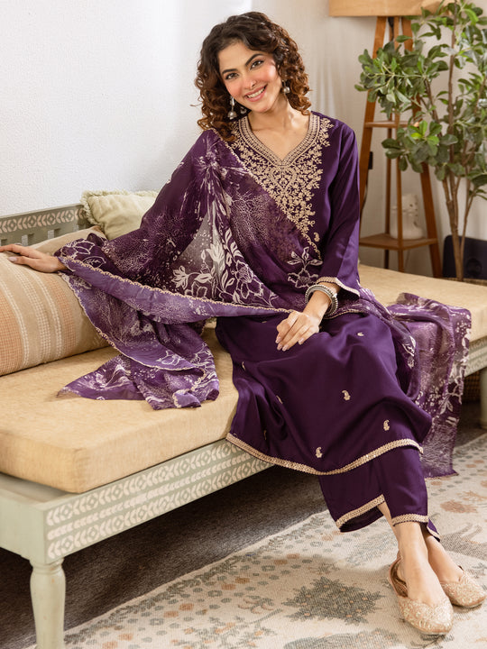 Indo Era Purple Embroidered Straight Kurta Palazzos With Dupatta set