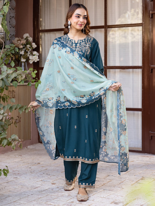 Indo Era Teal Embroidered Straight Kurta Palazzos With Dupatta set