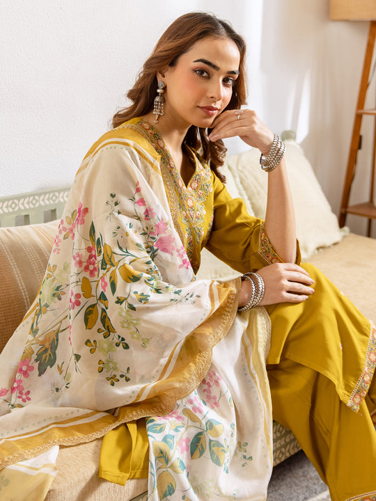 Indo Era Mustard Embroidered Straight Kurta Palazzos With Dupatta set