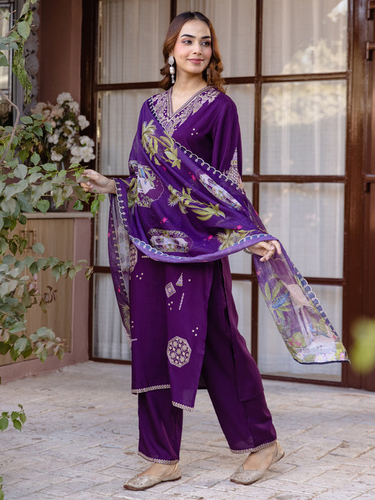Indo Era Purple Embroidered Straight Kurta Palazzos With Dupatta set