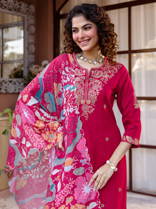 Indo Era Pink Embroidered Straight Kurta Palazzos With Dupatta set