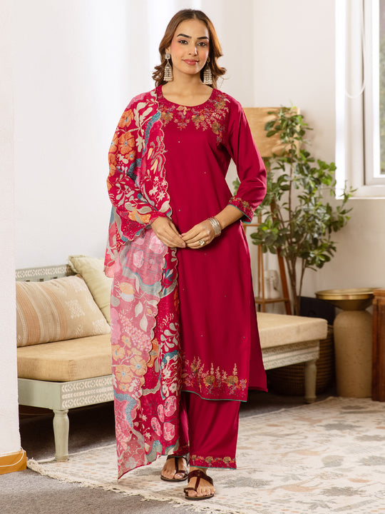 Indo Era Pink Embroidered Straight Kurta Palazzos With Dupatta set