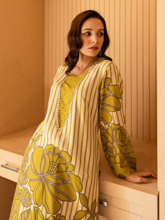 Green Printed Viscose Rayon A-Line Kurta Palazzo Set
