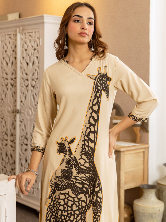 Indo Era Beige Printed Straight Kurta Palazzos Set