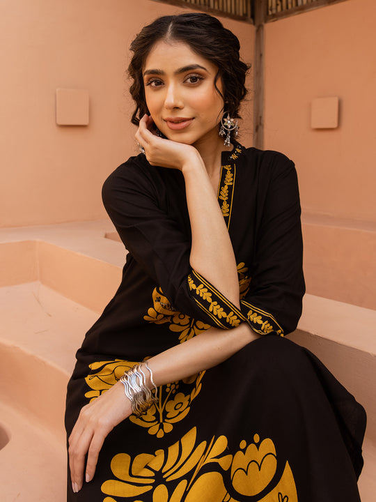 Black Printed Viscose Rayon A-Line Kurta Palazzo Set