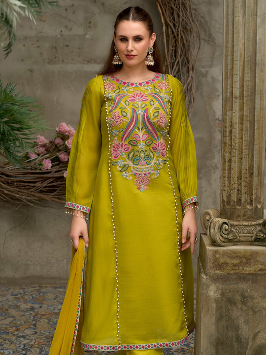 Yellow Embroidered Silk Blend A-Line Suit Sets With Dupatta