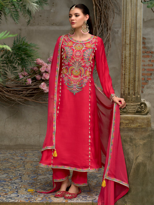 Pink Embroidered Silk Blend A-Line Kurta Sets With Dupatta