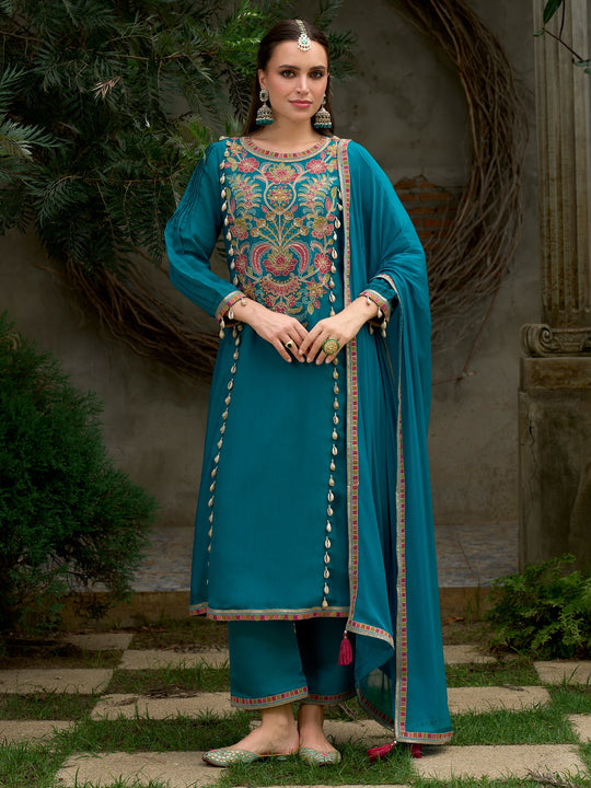 Blue Embroidered Silk Blend A-Line Suit Sets With Dupatta