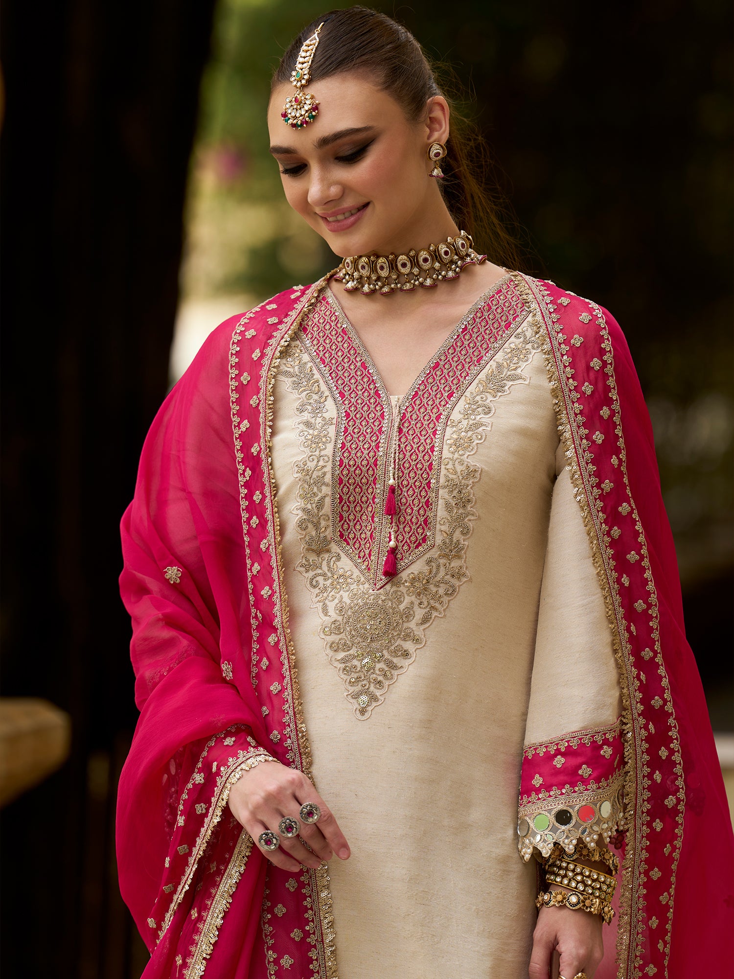 Indo Era Cream Embroidered Straight Kurta Trousers With Dupatta set