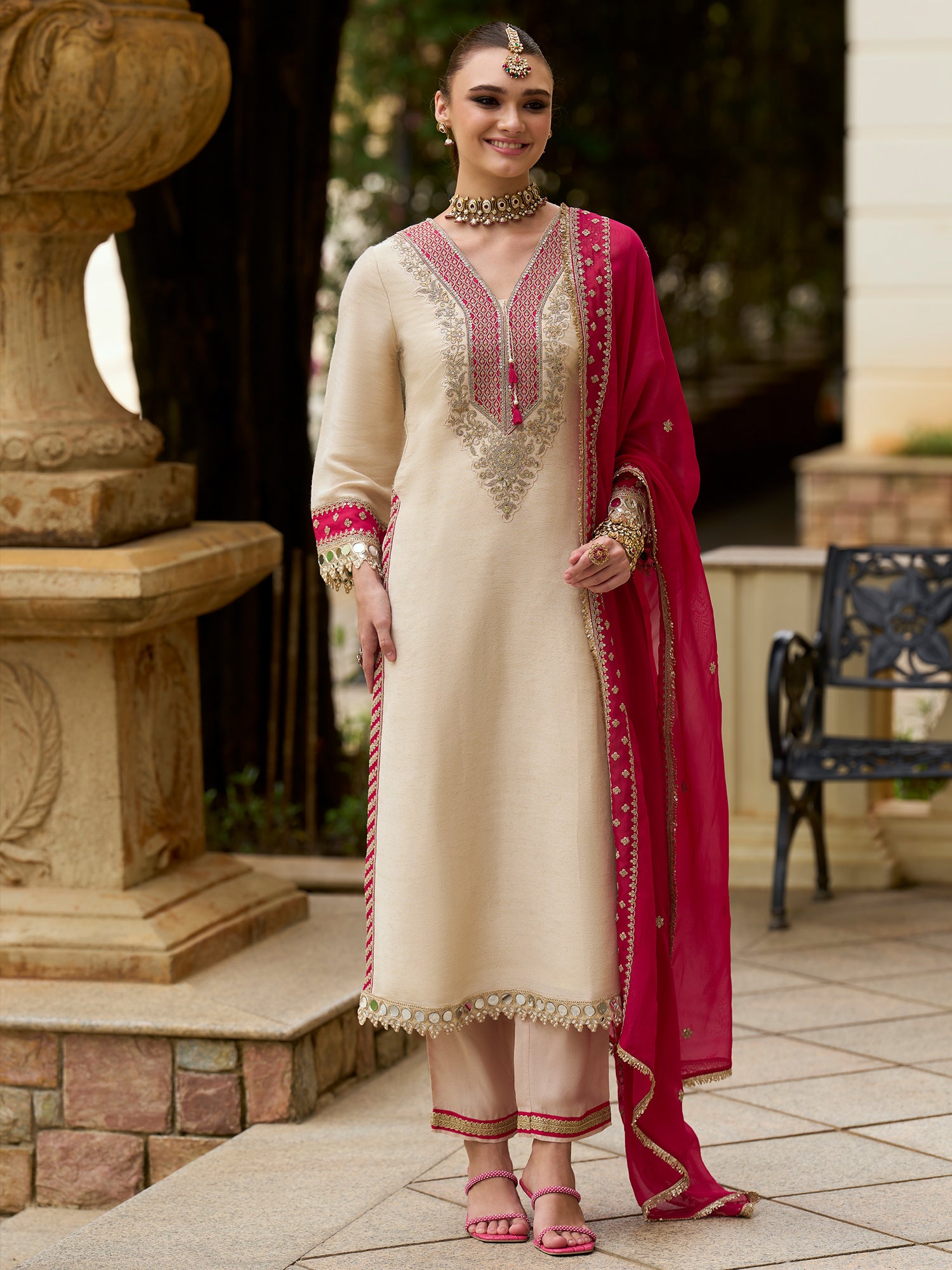 Indo Era Cream Embroidered Straight Kurta Trousers With Dupatta set