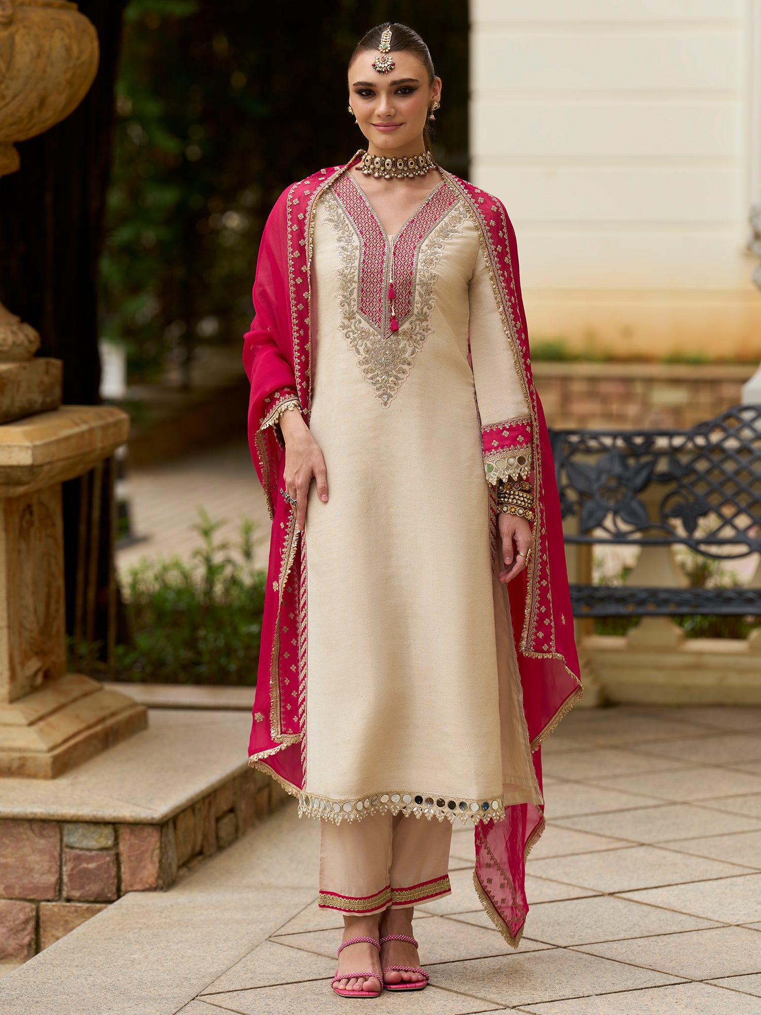 Indo Era Cream Embroidered Straight Kurta Trousers With Dupatta set