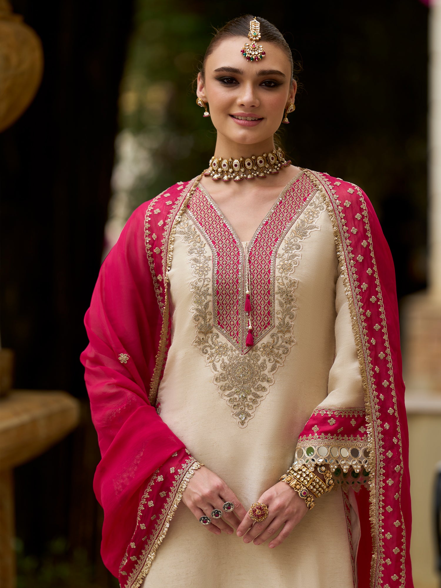 Indo Era Cream Embroidered Straight Kurta Trousers With Dupatta set