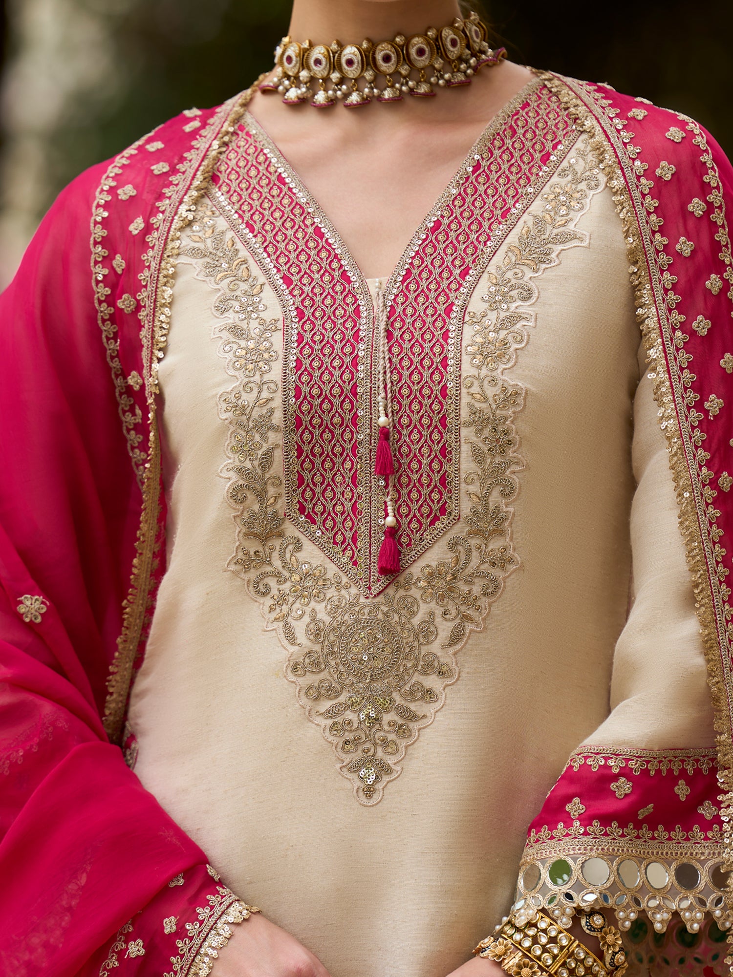 Indo Era Cream Embroidered Straight Kurta Trousers With Dupatta set