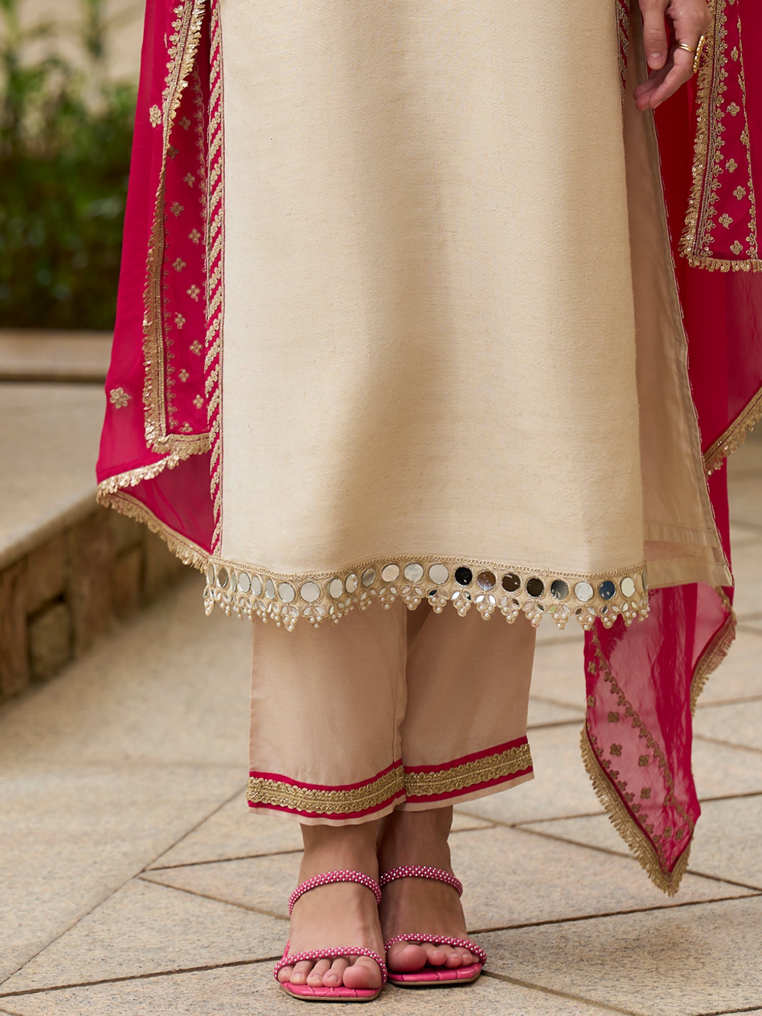 Indo Era Cream Embroidered Straight Kurta Trousers With Dupatta set