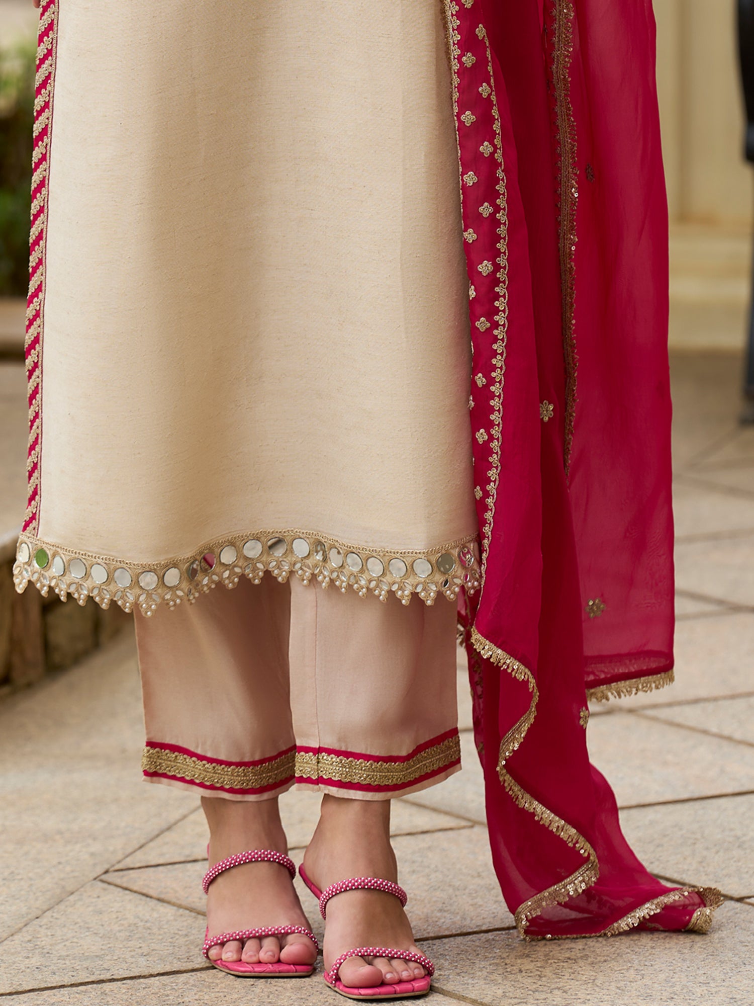 Indo Era Cream Embroidered Straight Kurta Trousers With Dupatta set