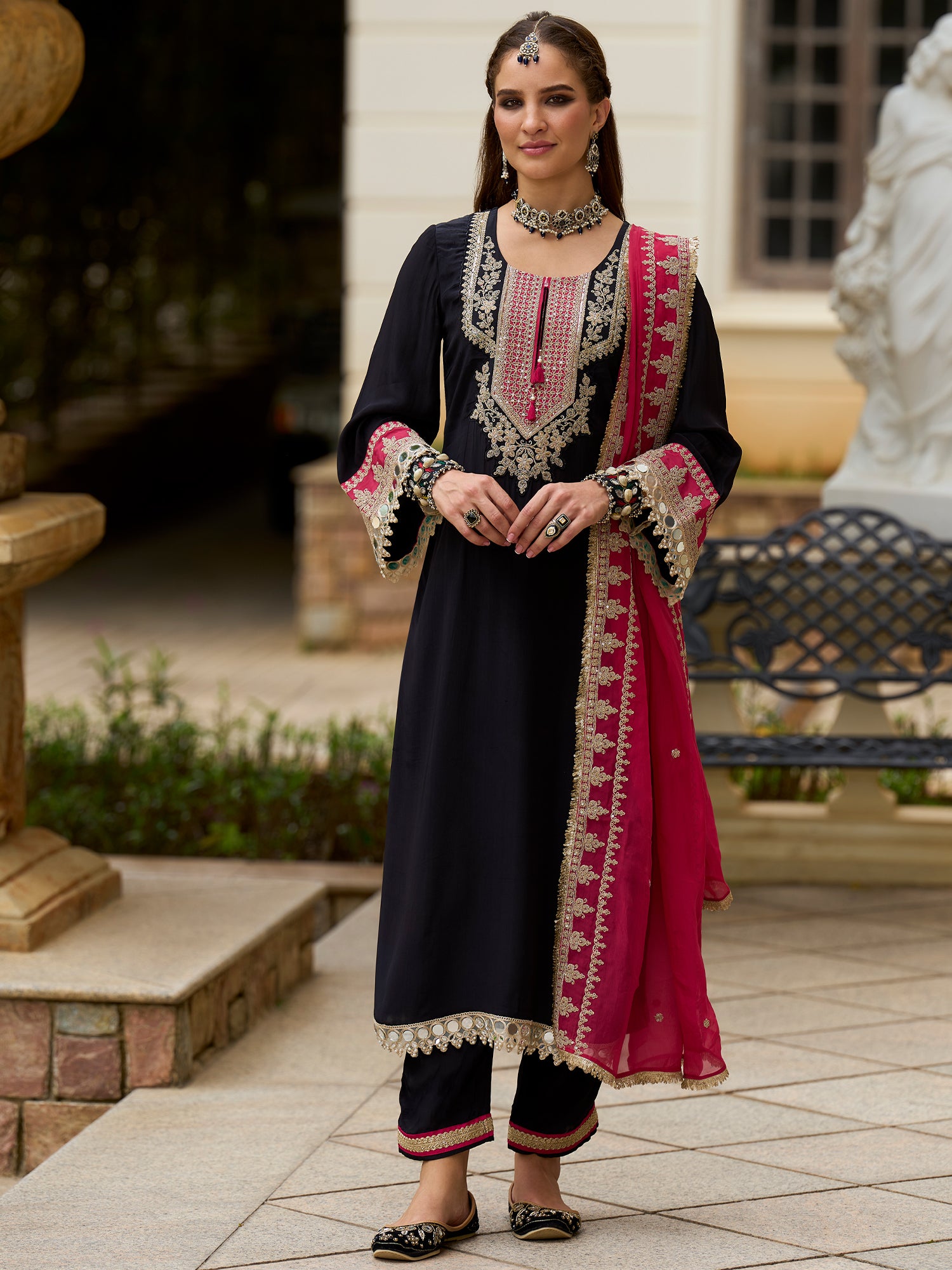Indo Era Black Embroidered Straight Kurta Trousers With Dupatta set
