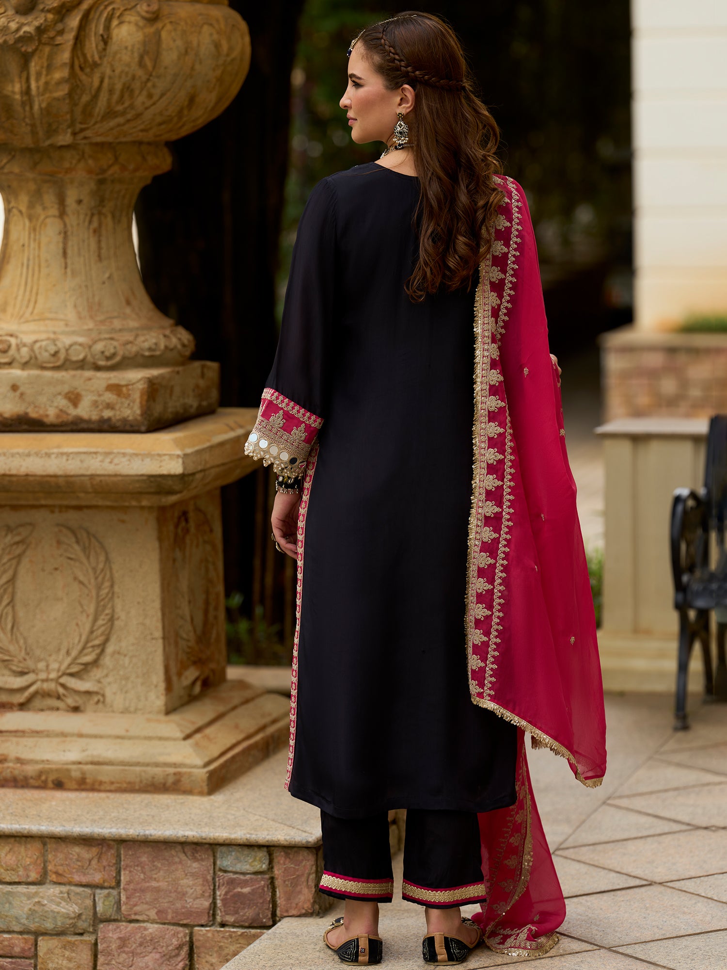 Indo Era Black Embroidered Straight Kurta Trousers With Dupatta set