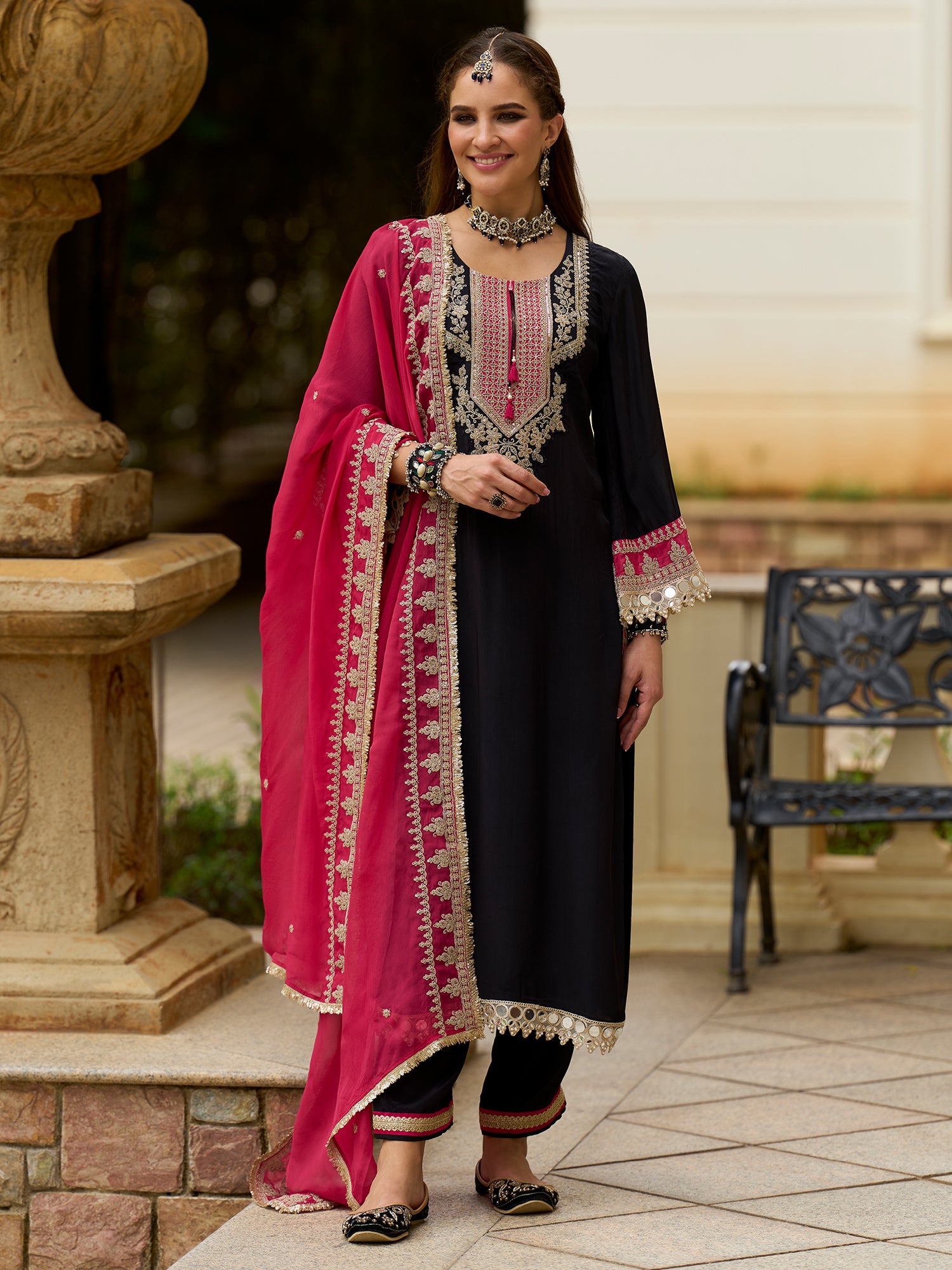 Indo Era Black Embroidered Straight Kurta Trousers With Dupatta set