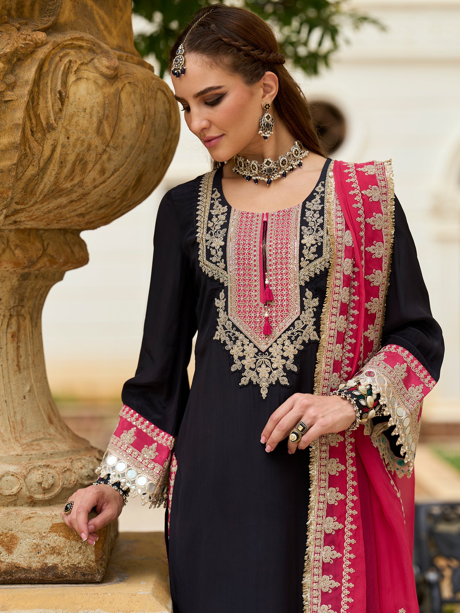 Indo Era Black Embroidered Straight Kurta Trousers With Dupatta set