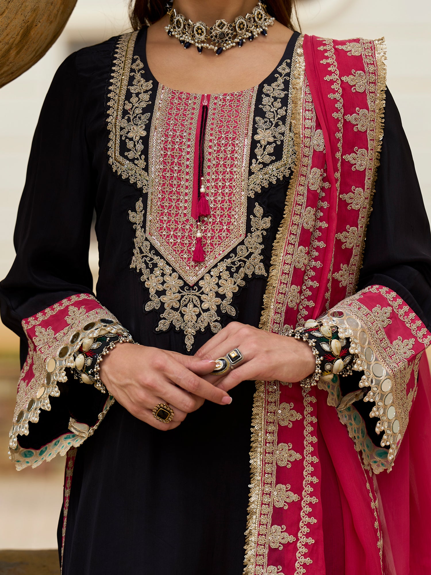 Indo Era Black Embroidered Straight Kurta Trousers With Dupatta set