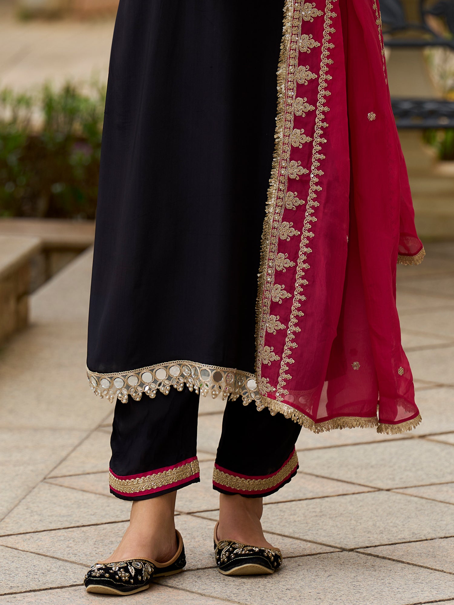 Indo Era Black Embroidered Straight Kurta Trousers With Dupatta set
