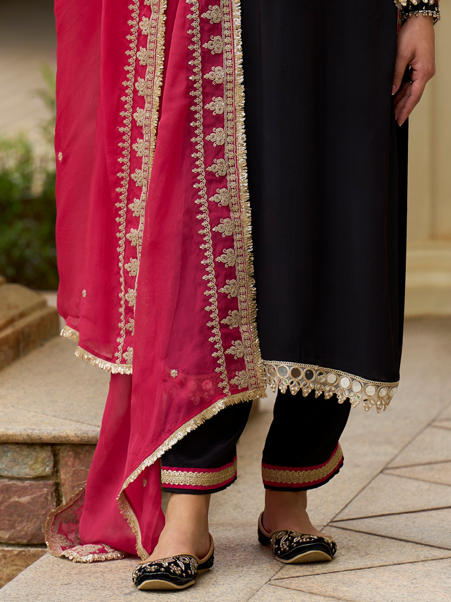 Indo Era Black Embroidered Straight Kurta Trousers With Dupatta set
