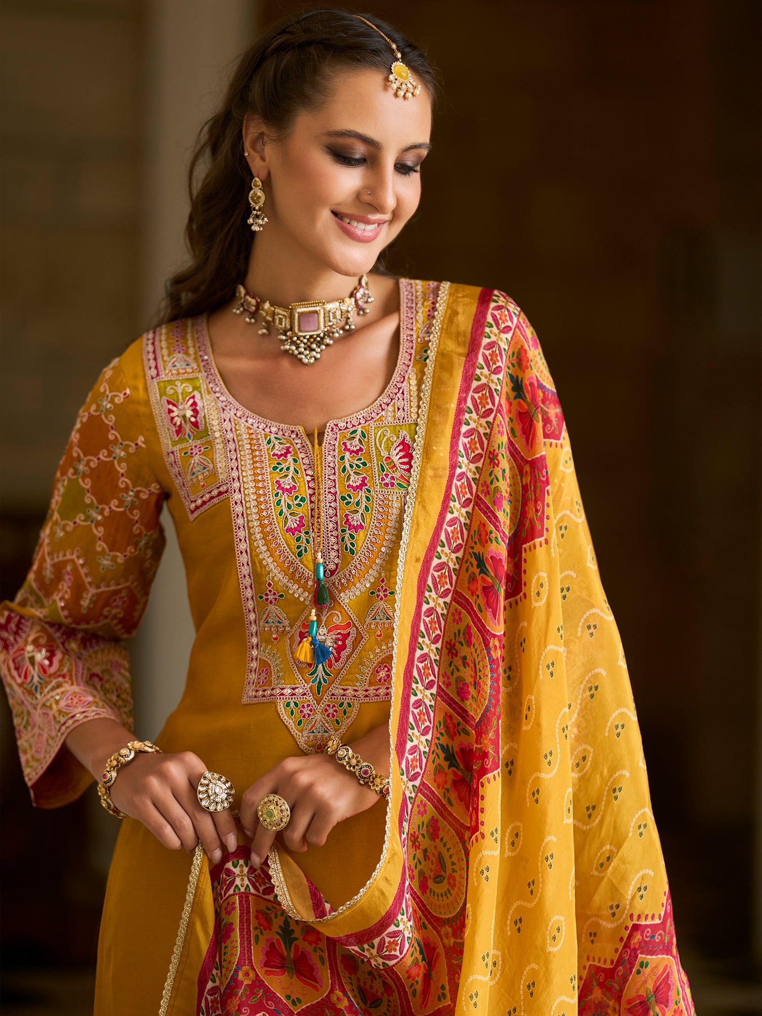 Indo Era Mustard Embroidered Straight Kurta Trousers With Dupatta set