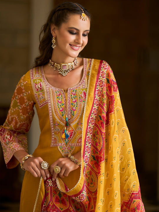 Indo Era Mustard Embroidered Straight Kurta Trousers With Dupatta set