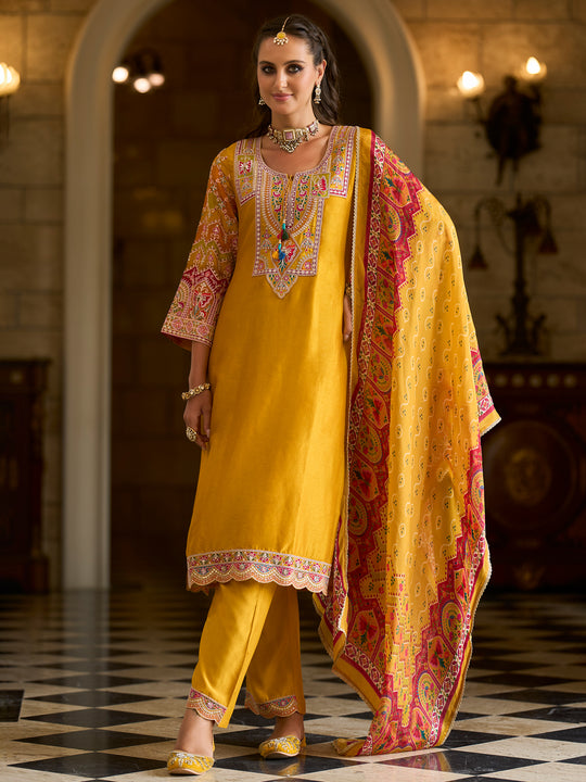Indo Era Mustard Embroidered Straight Kurta Trousers With Dupatta set