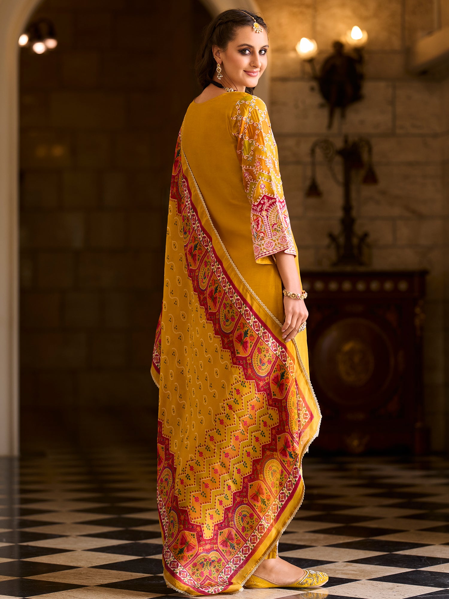 Indo Era Mustard Embroidered Straight Kurta Trousers With Dupatta set