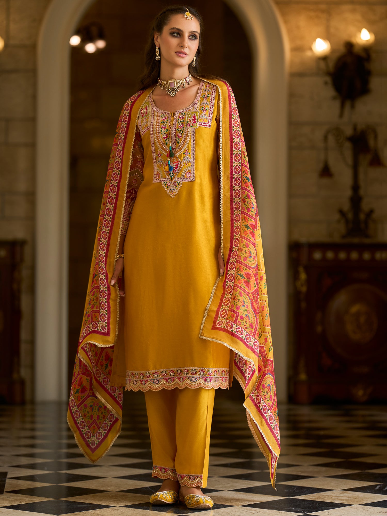 Indo Era Mustard Embroidered Straight Kurta Trousers With Dupatta set